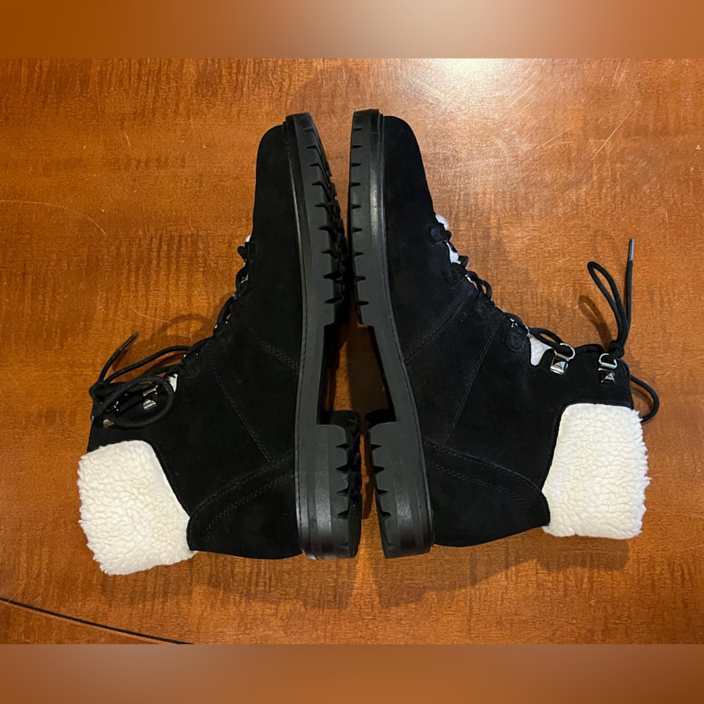 Marc Fisher Hopee Booties black suede w/ white faux fur/ Sherpa trim Lug sole 10 - Picture 7 of 12
